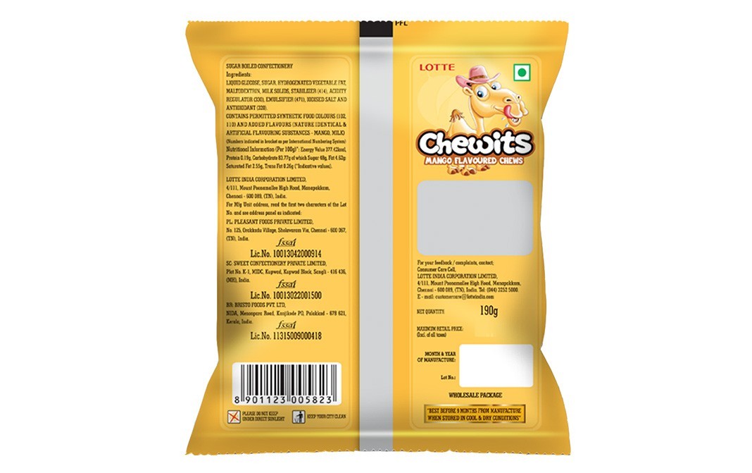 Lotte Chewits, Mango Flavoured Chews   Pack  190 grams